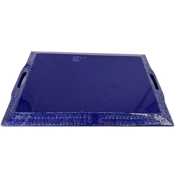 UNIQUE HAND PAINTED WOOD TRAY LARGE MEXICO BLUE - Picture 6 of 7